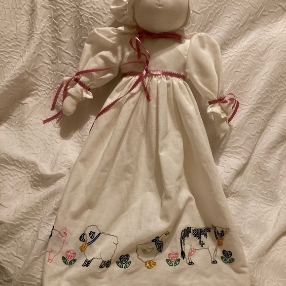 Handmade simple rabbit doll with pretty hand embroidered dress cow pig chicken - Picture 3 of 14